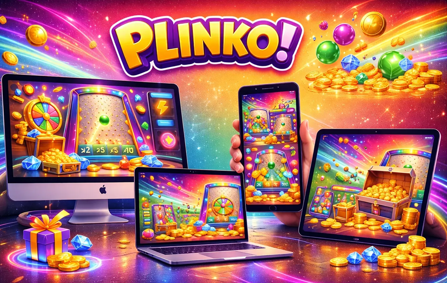Banner ampio di Plinko su più dispositivi con effetto arcobaleno