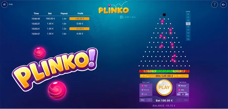 Schermata di gioco di Plinko con tabellone, rischio e payout