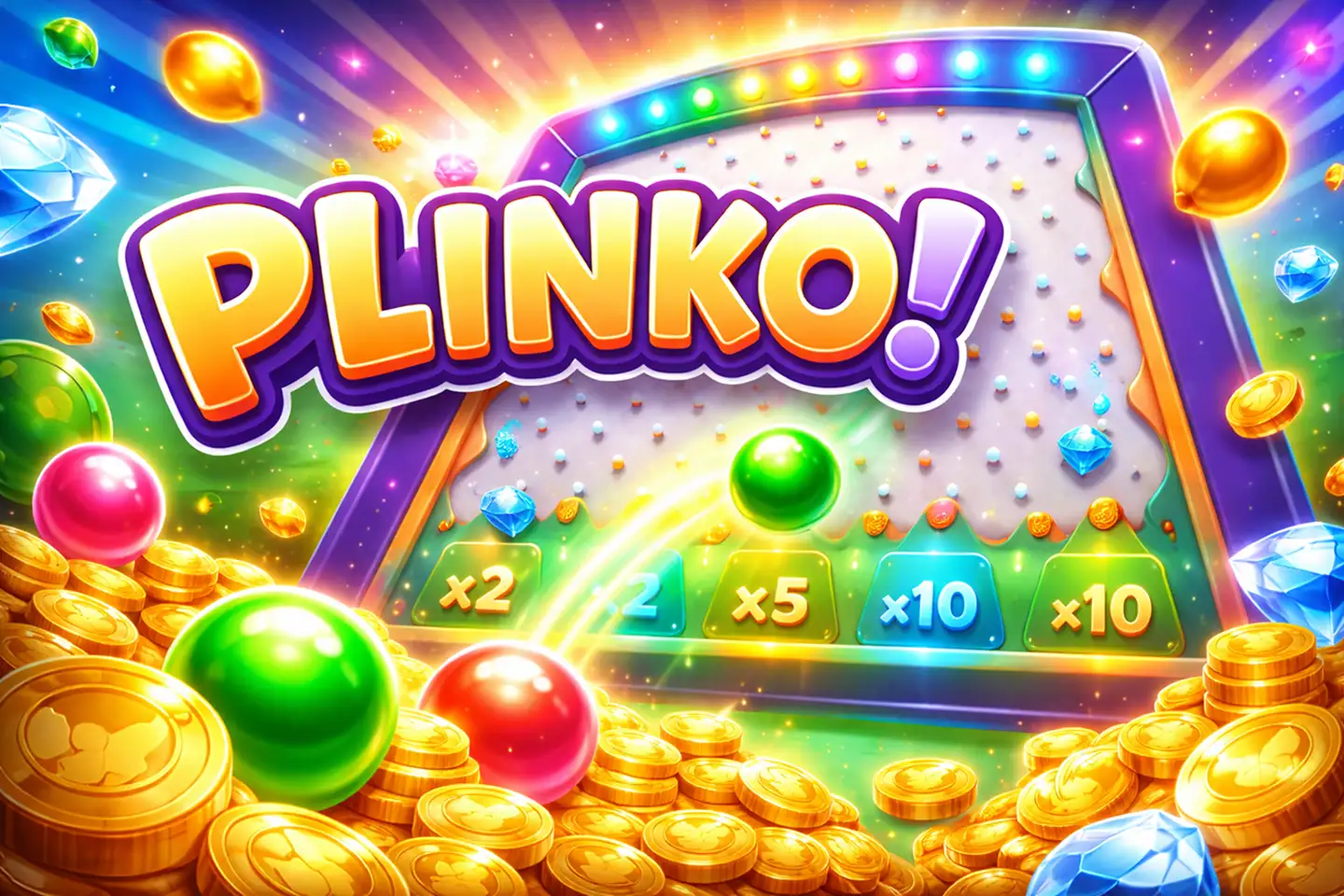 Hero illustrato di Plinko con palline, tabellone e monete